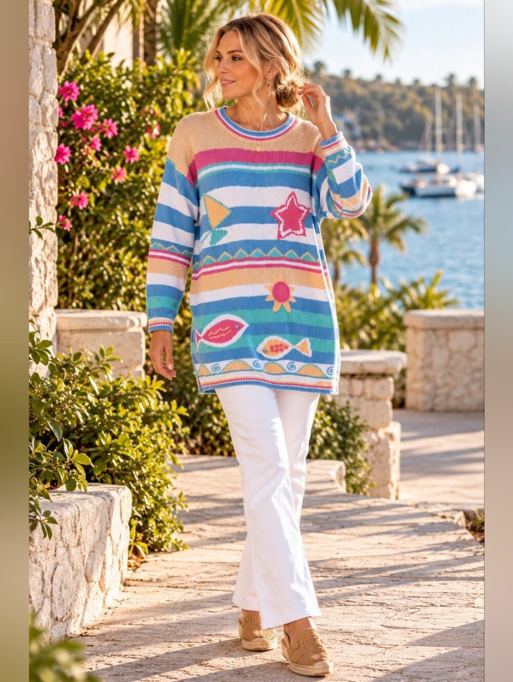 Y2K Coastal Beach Novelty Knit Tunic Sweater Ramie Cotton Fish Star Medium